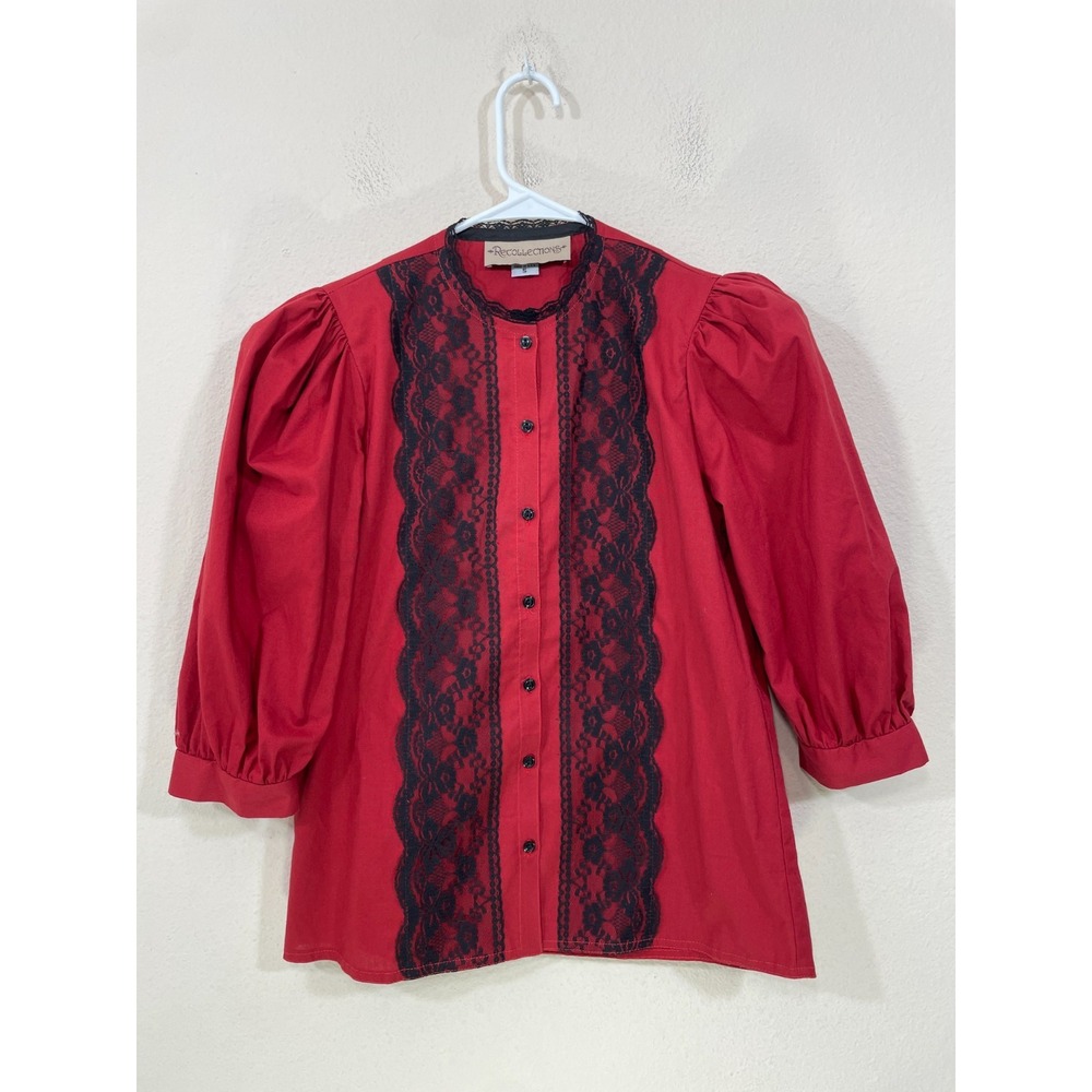 Vtg Recollections Blouse Small Red Black Lace  Puff 3/4 Sleeve Folk‎ Victorian